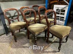Set of 6x antique Victorian balloon / spoon back upholstered dining chairs Six