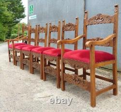Set of Six (6) Solid Wood Chairs Upholstered Gothic Style Dining Chairs