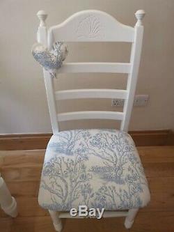 Shabby chic country dining table and 6 ladder back fully upholstered oak chairs