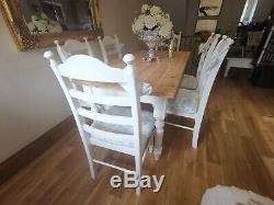 Shabby chic country dining table and 6 ladder back fully upholstered oak chairs