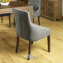 Shiro solid dark wood furniture set of six upholstered stone dining chairs