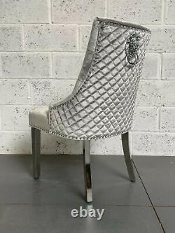 Silver Grey Velvet Chelsea Dining Chair Lion Knocker Metal Legs Button Back