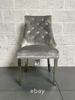 Silver Grey Velvet Chelsea Dining Chair Lion Knocker Metal Legs Button Back