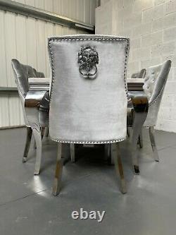 Silver Grey Velvet Chelsea Dining Chair Metal Leg Lion Knocker Button Seat Back
