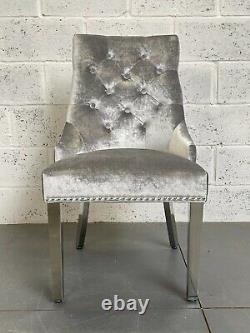 Silver Grey Velvet Chelsea Dining Chair Metal Leg Lion Knocker Button Seat Back