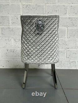 Silver Grey Velvet Chelsea Dining Chair Metal Leg Lion Knocker Stitch Quilt
