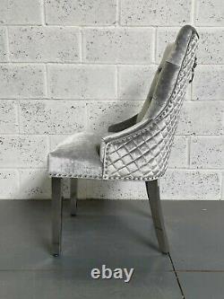 Silver Grey Velvet Chelsea Dining Chair Metal Leg Lion Knocker Stitch Quilt