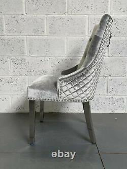 Silver Grey Velvet Chelsea Dining Chair Metal Legs Lion Knocker Stitch Quilting