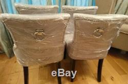 Six Brand New Beige Grey Upholstered Button with Chrome metal ring handle backs