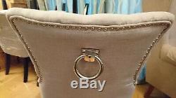 Six Brand New Beige Grey Upholstered Button with Chrome metal ring handle backs