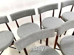 Six Newly Upholstered Victor Wilkins G-Plan Grey Herringbone Teak Dining Chairs
