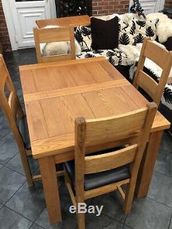Solid Oak Dining Table and 4 Leather Upholstered Chairs Extendable to 6 Seater