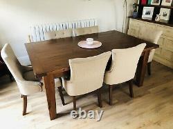 Solid Oak Dining Table and 6 Beige Linen Upholstered Chairs -Table Will Sit 8/10