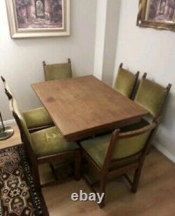 Solid Oak Extendable Dining Room Table with 6 Upholstered Carved Chairs