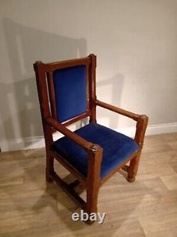Solid Oak PULPIT CHAIR With Blue Velvet Seat Fabric Bun Feet And Captains Arms