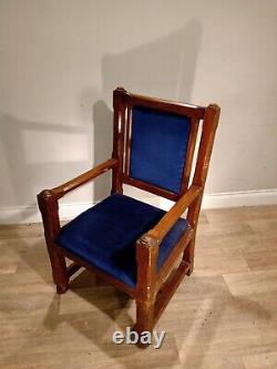 Solid Oak PULPIT CHAIR With Blue Velvet Seat Fabric Bun Feet And Captains Arms