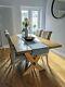 Solid Oak Dining Table With 6 Upholstered Chairs (2 Chairs Not Pictured)