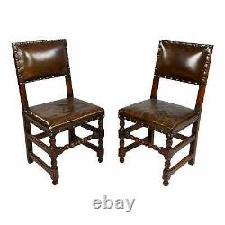 Spanish Revival Brown leather upholstered Dining Chairs-Set of 2