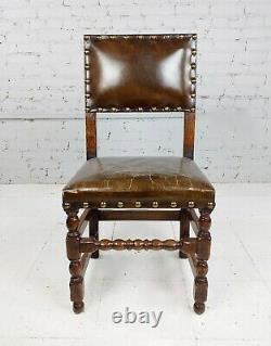 Spanish Revival Brown leather upholstered Dining Chairs-Set of 2