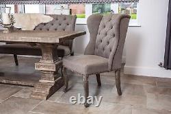 Stone Grey Linen Upholstered Dining Chairs French Style Button Back