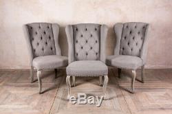 Stone Grey Linen Upholstered Dining Chairs French Style Button Back Limed Legs