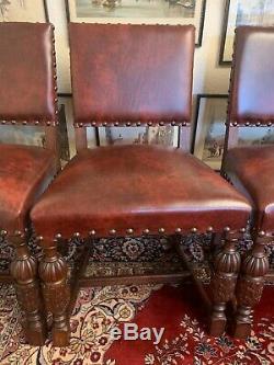 Stunning Antique Set Of Six Carved Oak Leather Upholstered Dining Chairs