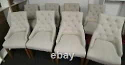 Stunning set 8 dining chairs knocker back button tufted linen cream beige French