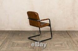 Tan Leather Upholstered Dining Chair Armrests Vintage Finish Retro Style