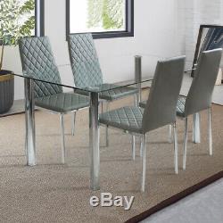 Tempered Glass Clear Desktop Dining Table and 4 Chairs Upholstered Kitchen Seat
