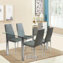 Tempered Glass Clear Desktop Dining Table and 4 Chairs Upholstered Kitchen Seat