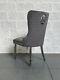Theo Dark Grey Velvet Dining Chair Button Detail Lion Knocker Polished Metal Leg