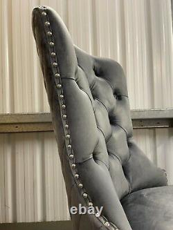 Theo Dark Grey Velvet Dining Chair Button Detail Lion Knocker Polished Metal Leg