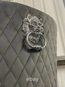 Theo Dark Grey Velvet Dining Chair Deep Button Detail Lion Knocker Metal Leg