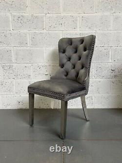 Theo Dark Grey Velvet Dining Chair Deep Pleated Button Detail Metal Legs