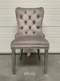 Theo Light Grey Velvet Dining Chair Quilted Stitch Detail Lion Knocker Metal Leg