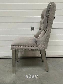 Theo Light Grey Velvet Dining Chair Quilted Stitch Detail Lion Knocker Metal Leg