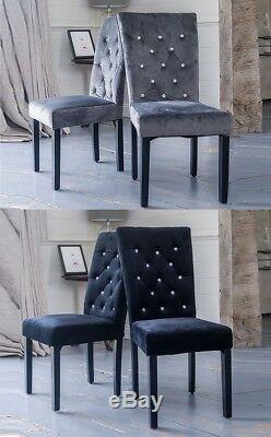 Upholstered Pair Rhinestone Diamante Dining Chairs Black, Grey, Velvet Fabric