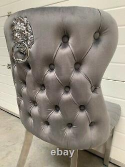 Valentino Luxury Dark Grey Velvet Lion Knocker Button Back Dining Chair