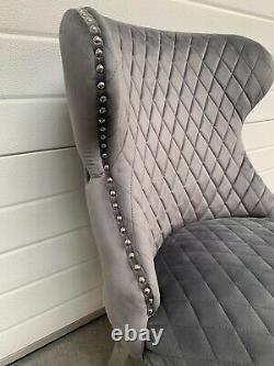 Valentino Luxury Dark Grey Velvet Lion Knocker Button Back Dining Chair