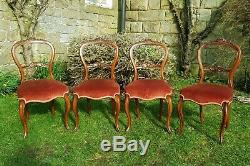 Victorian Carved Walnut Balloon Back Set of 4 Upholstered Dining Chairs C1870