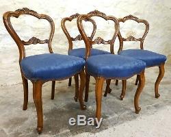 Victorian Carved Walnut Balloon Back Set of 4 Upholstered Dining Chairs C1880