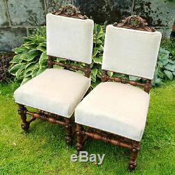 Victorian Period Pair of Oak Jacobean Style Upholstered Dining Chairs C19th