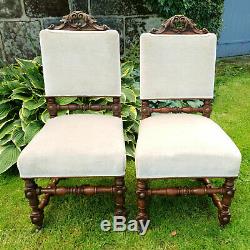 Victorian Period Pair of Oak Jacobean Style Upholstered Dining Chairs C19th