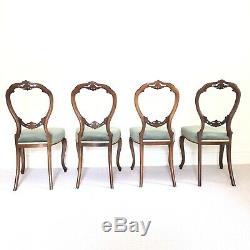 Victorian Walnut Balloon Back Set of 4 Dining Chairs Antique Upholstered Emerald