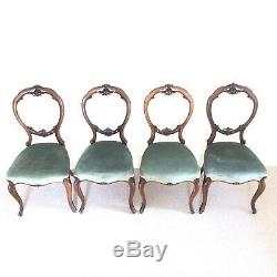 Victorian Walnut Balloon Back Set of 4 Dining Chairs Antique Upholstered Emerald