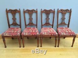 Vintage Art Nouveau Dinning Chairs X 4 Carved Wood Upholstered Old Antique