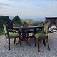 Vintage Italian Style Inlaid Dining Table & 6 (4 + 2) Green Upholstered Chairs