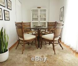 Vintage Rattan Dining Table & Upholstered Arm Chairs Cane Round Glass Vtg Bamboo