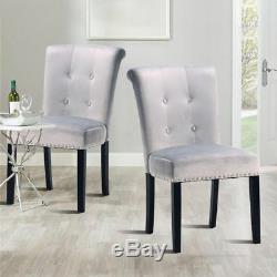 X1 x2 Grey Button Back Velvet Upholstered Dining Chairs Chrome Back Ring Knoc