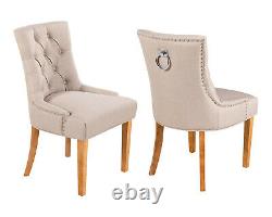 X2 Cream Linen Scoop Back Dining Chairs Upholstered Studded Button Back